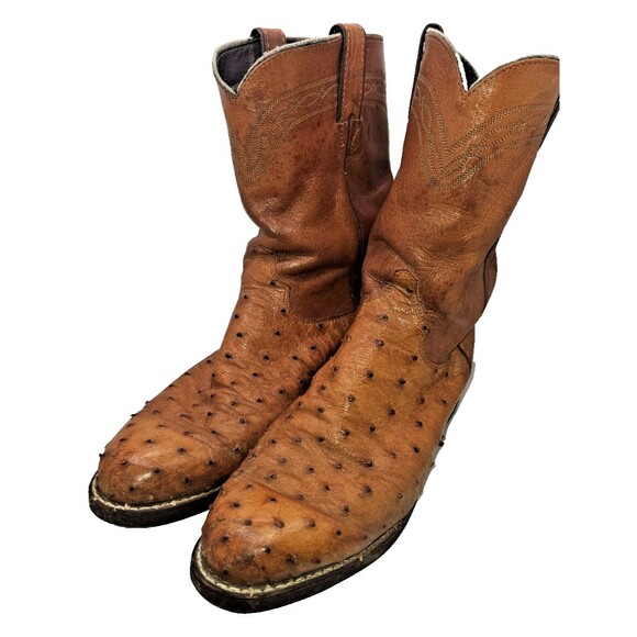 Justin Full Quill Ostrich Boots Men's 10.5 D Cognac Roper 3186 Embroidery - Picture 1 of 16